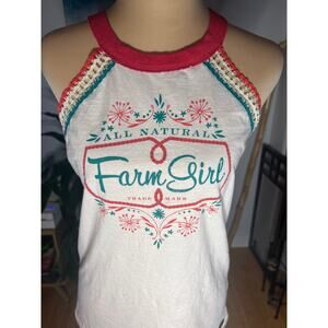 Farmcore Coquette Crochet Lace Trim Halter Top Tee Farm Girl M white boho